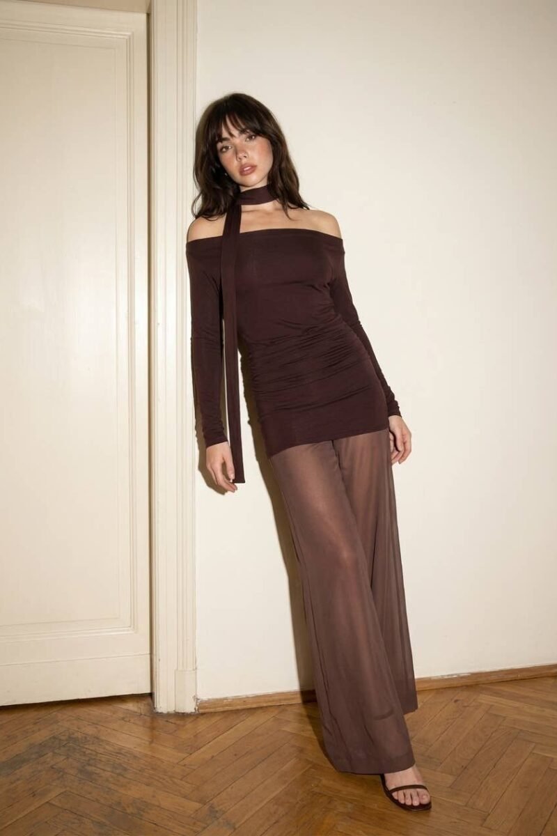 Contrast-Fabric Off Shoulder Ruched Jumpsuit