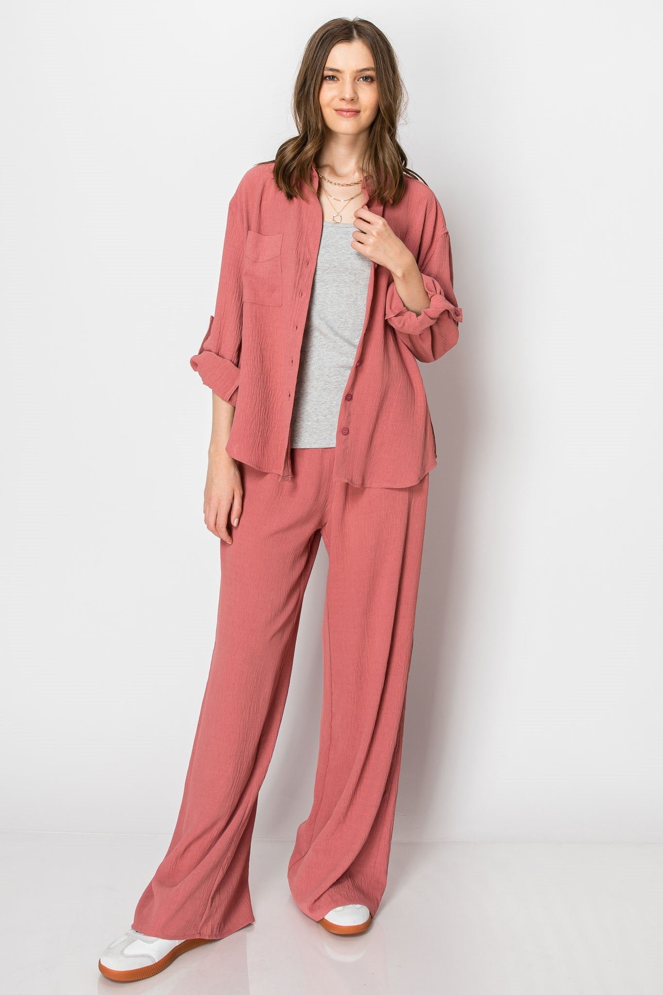 Button Down Wide Leg Flowy Long Sleeve PANT SET