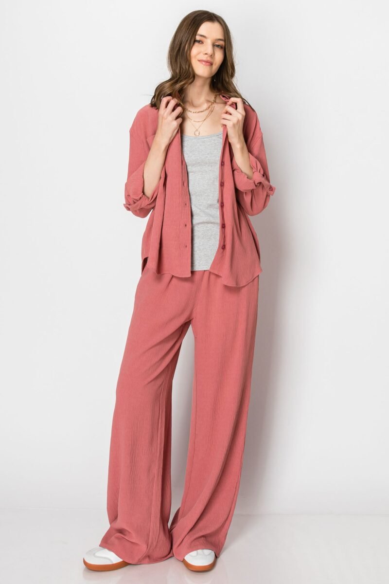 Button Down Wide Leg Flowy Long Sleeve PANT SET