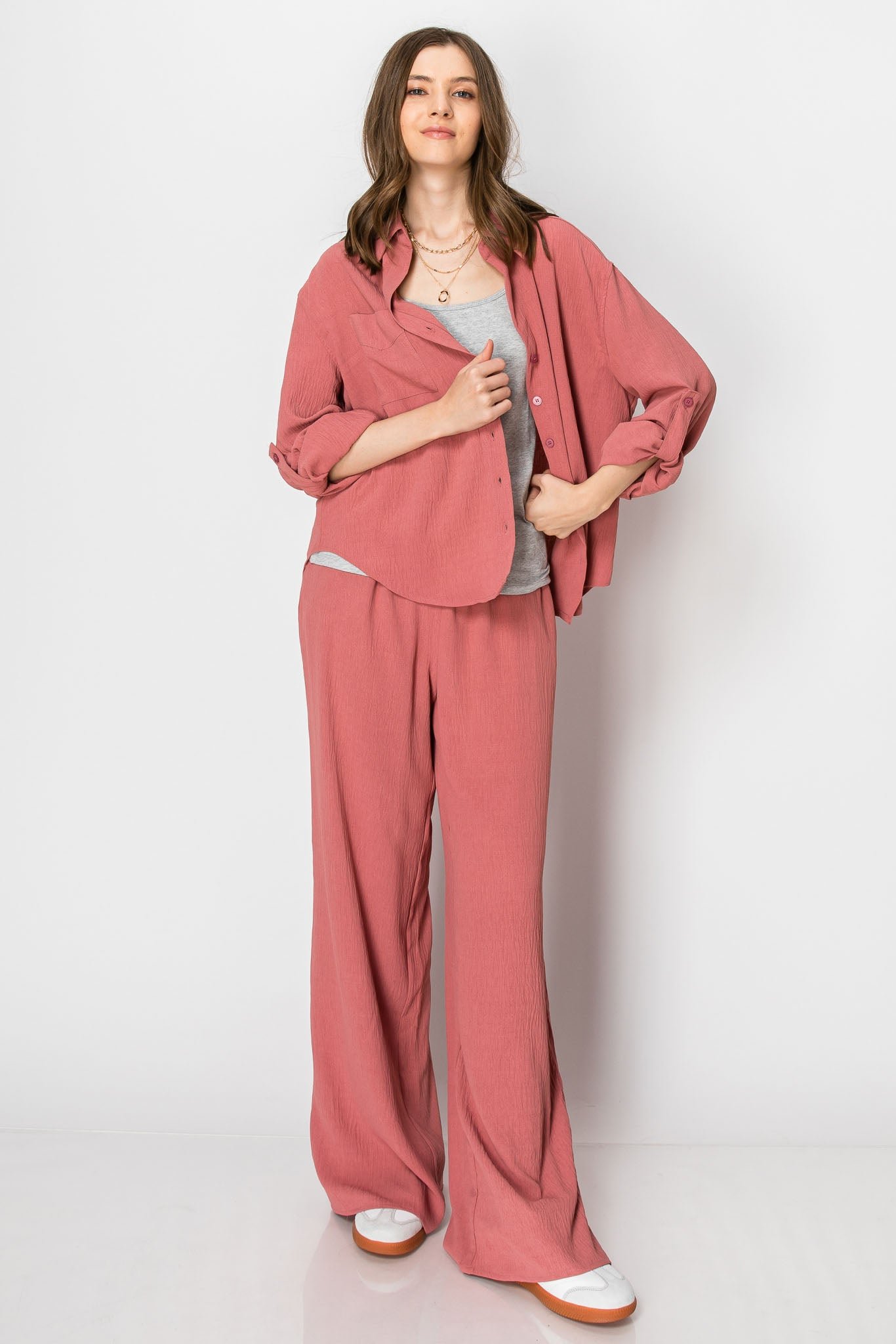 Button Down Wide Leg Flowy Long Sleeve PANT SET