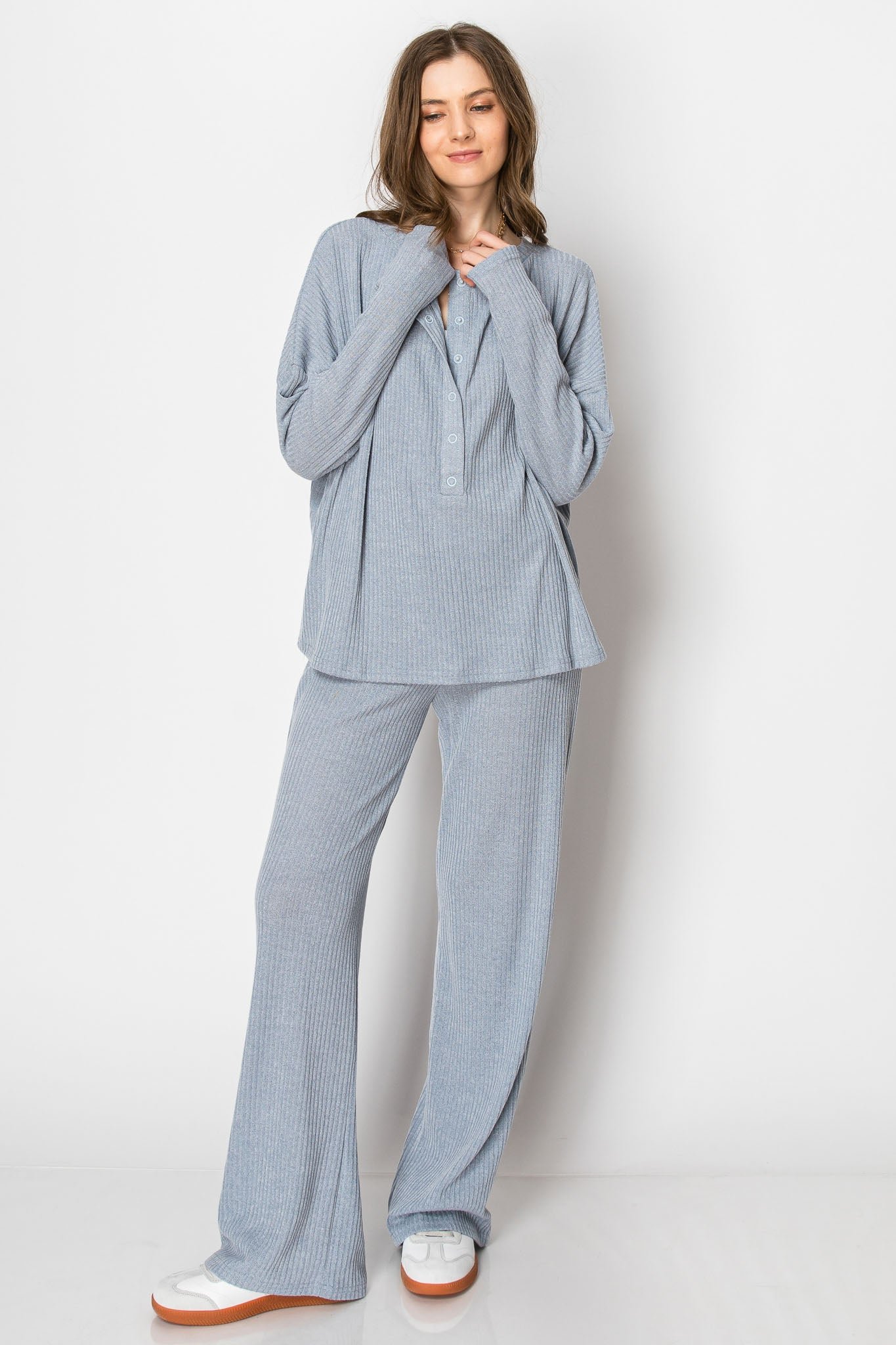 Ribbed Sweater Knit Snap Button PANT SET