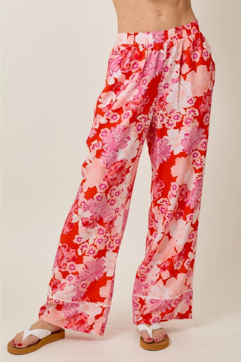 Floral Print Elastic Waistband Wide Leg Pants