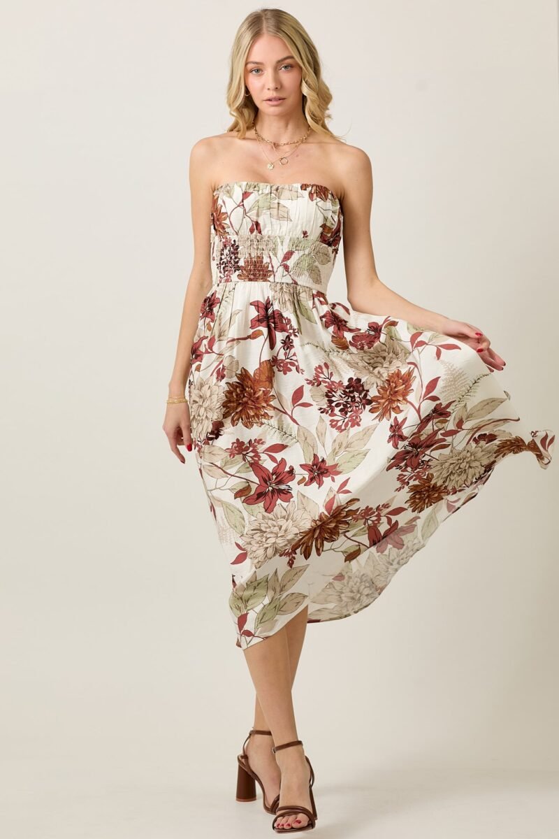 Summer Tube Midi Dress with Earthy Floral Print