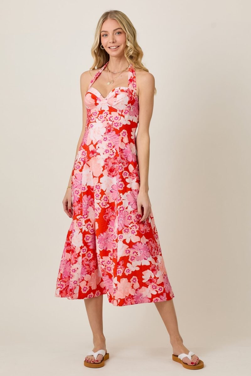 Summer Floral Halter Sweetheart Midi Flare Dress