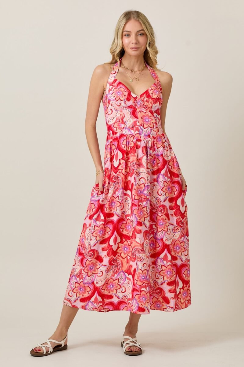 Eclectic Floral Halter Midi Dress with Pintuck Detail