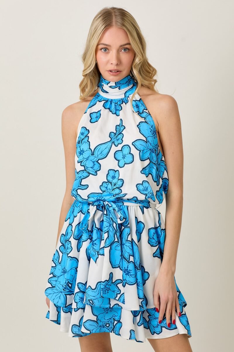 Summer Halter Satin Dress with Print & Double Ruffle