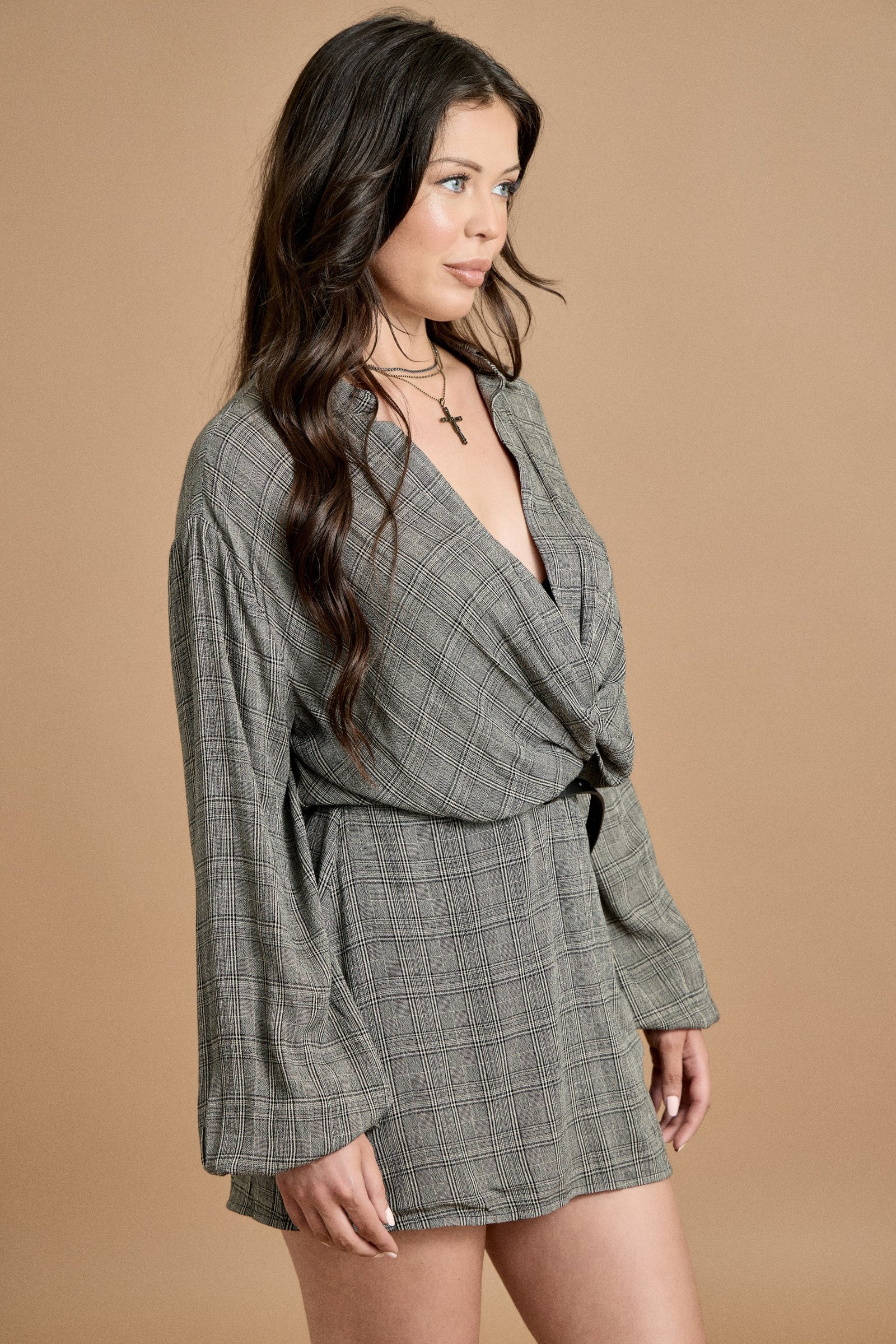 Fall Plaid Twist-Front Mini Dress