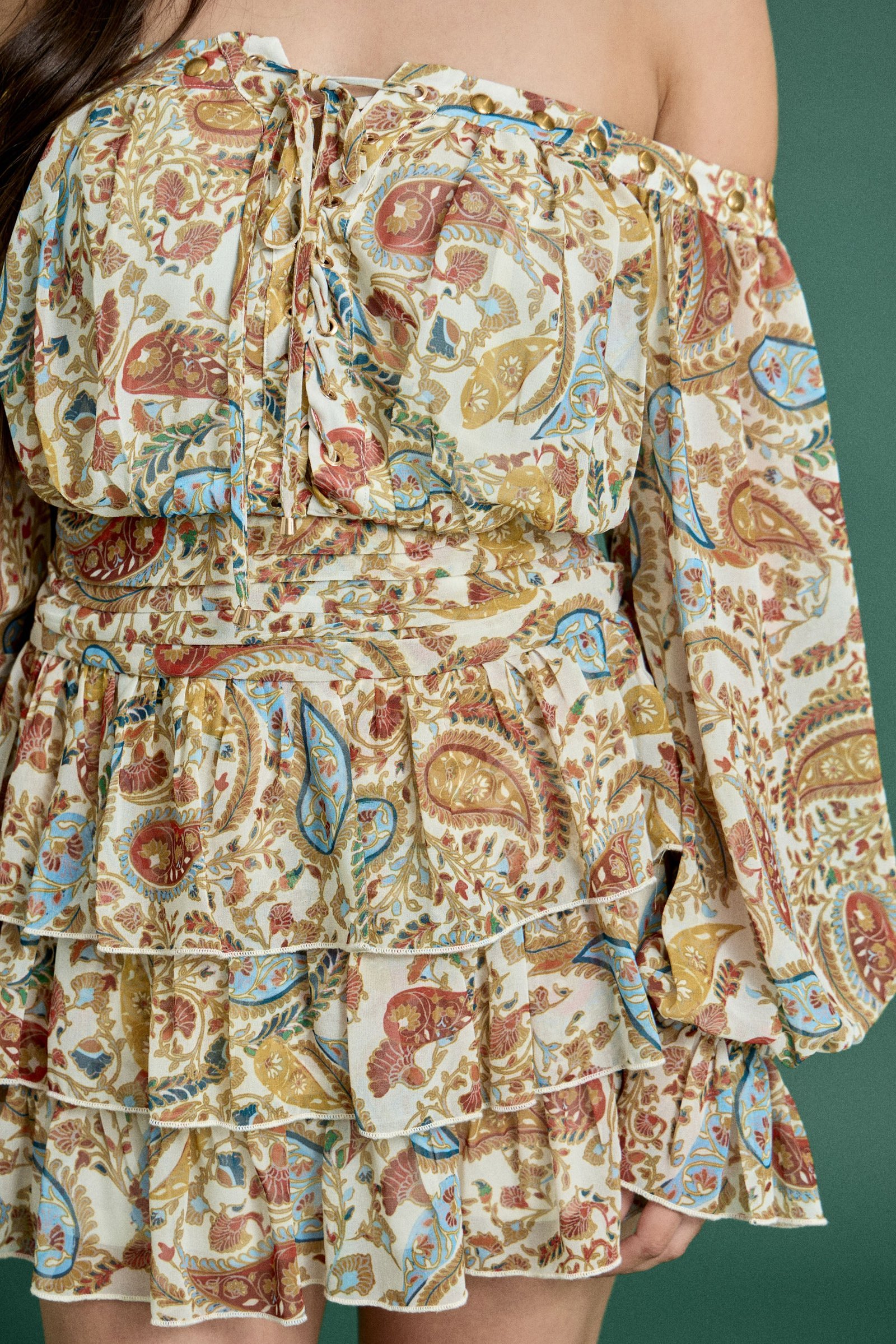 Fall Paisley Off-Shoulder Ruffle Mini Dress