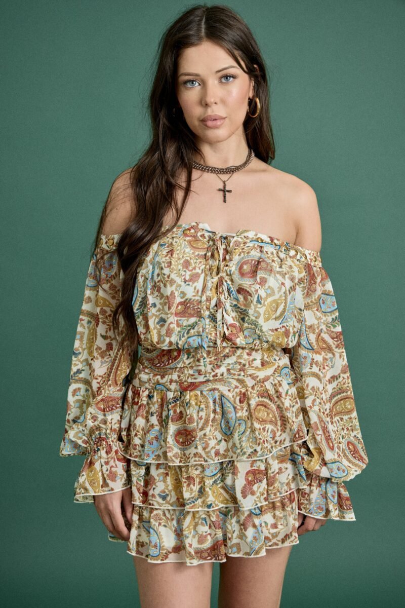 Fall Paisley Off-Shoulder Ruffle Mini Dress