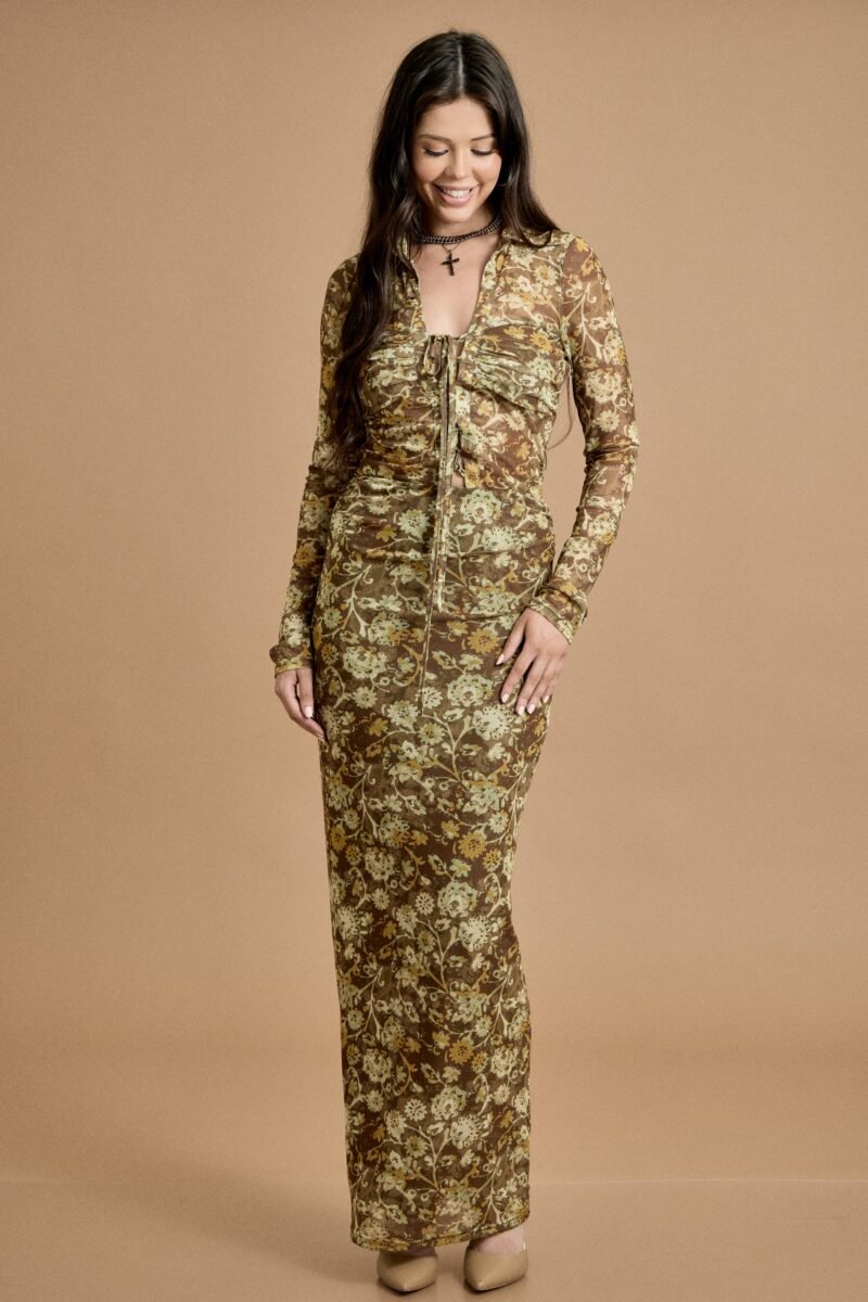 Fall Vintage Bloom Ruched Maxi Dress