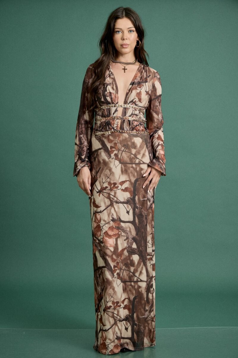 Fall Woodland Print Plunge Maxi Dress