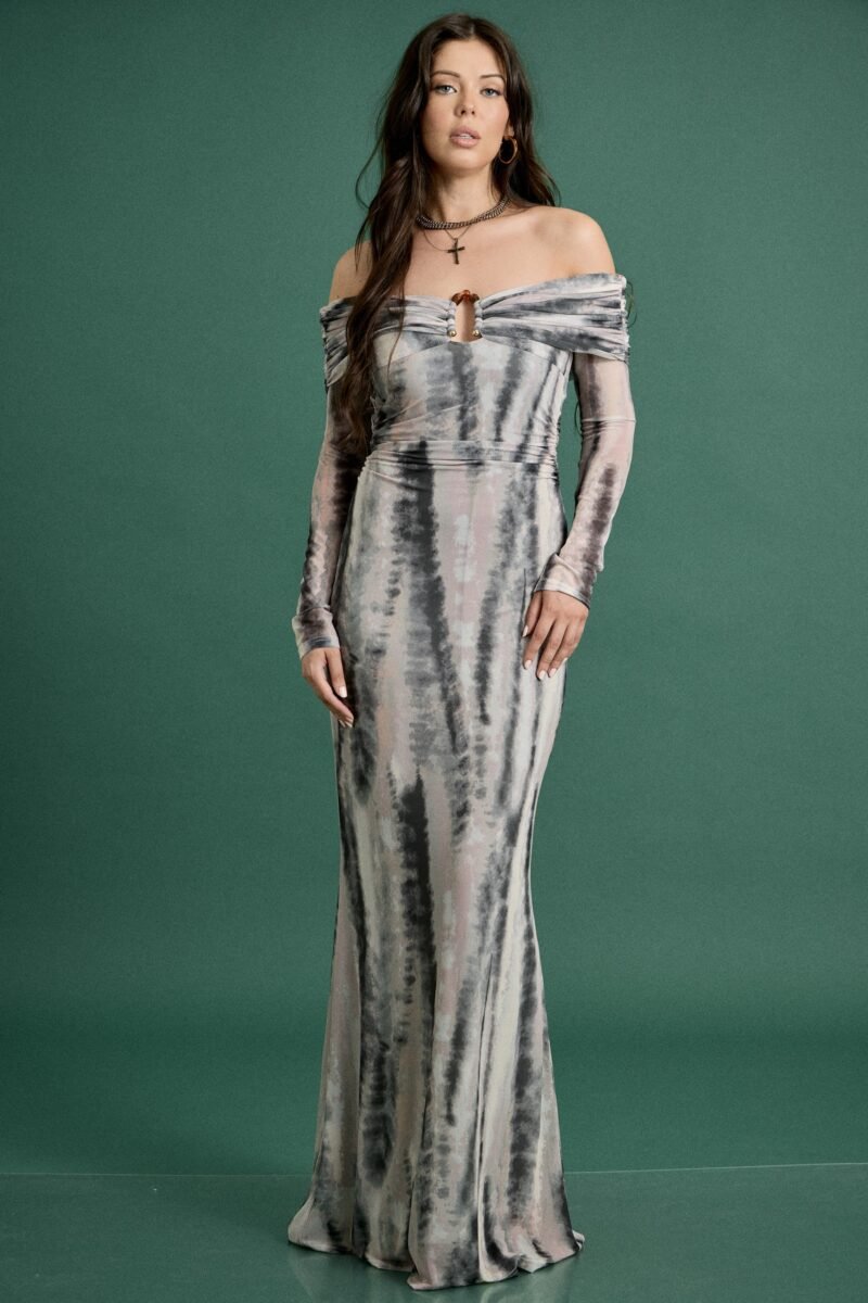 Fall Off-Shoulder Tie-Dye Maxi Dress