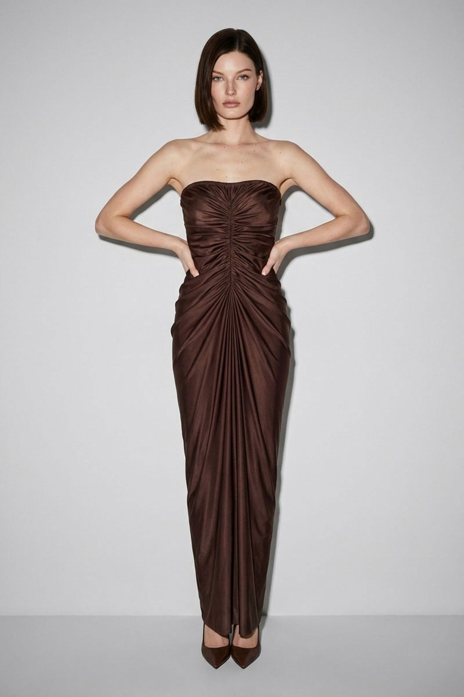 Strapless Ruched Satin Maxi Dress