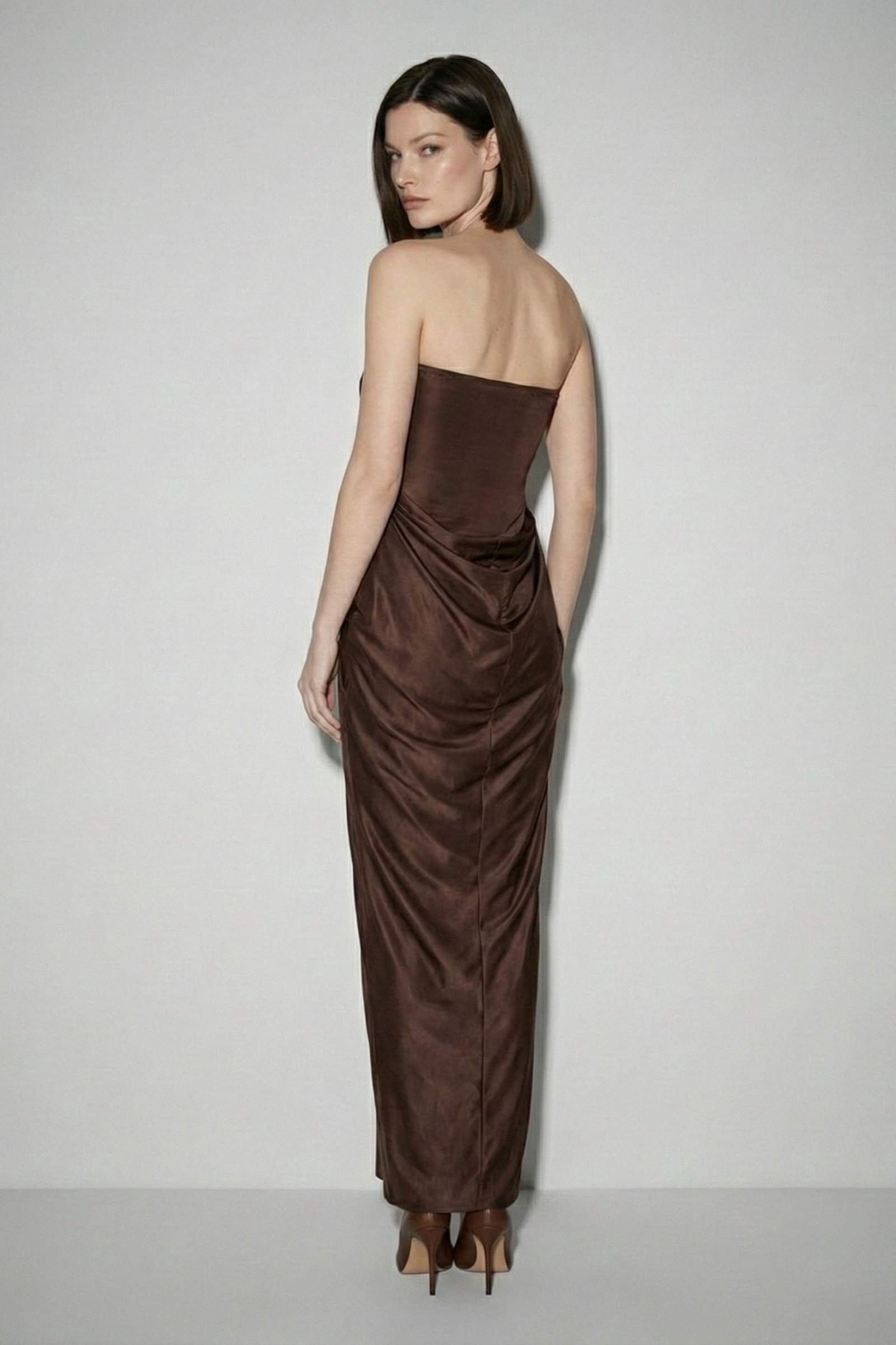 Strapless Ruched Satin Maxi Dress