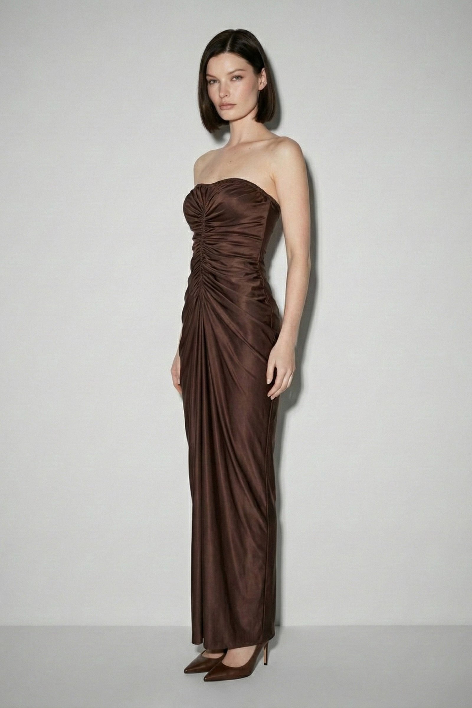 Strapless Ruched Satin Maxi Dress