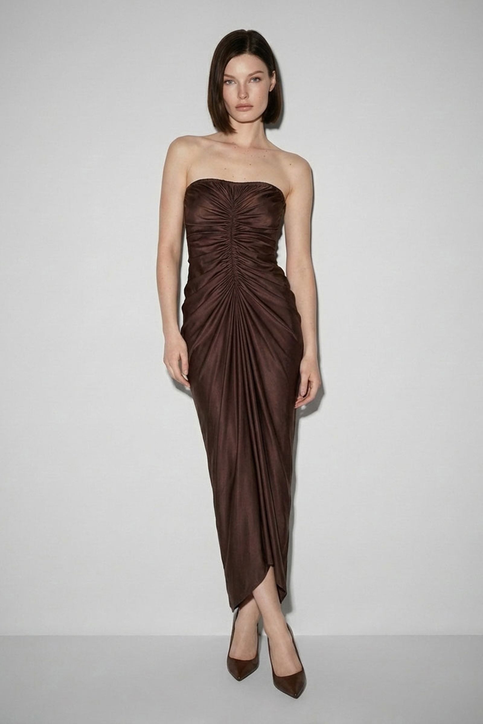 Strapless Ruched Satin Maxi Dress