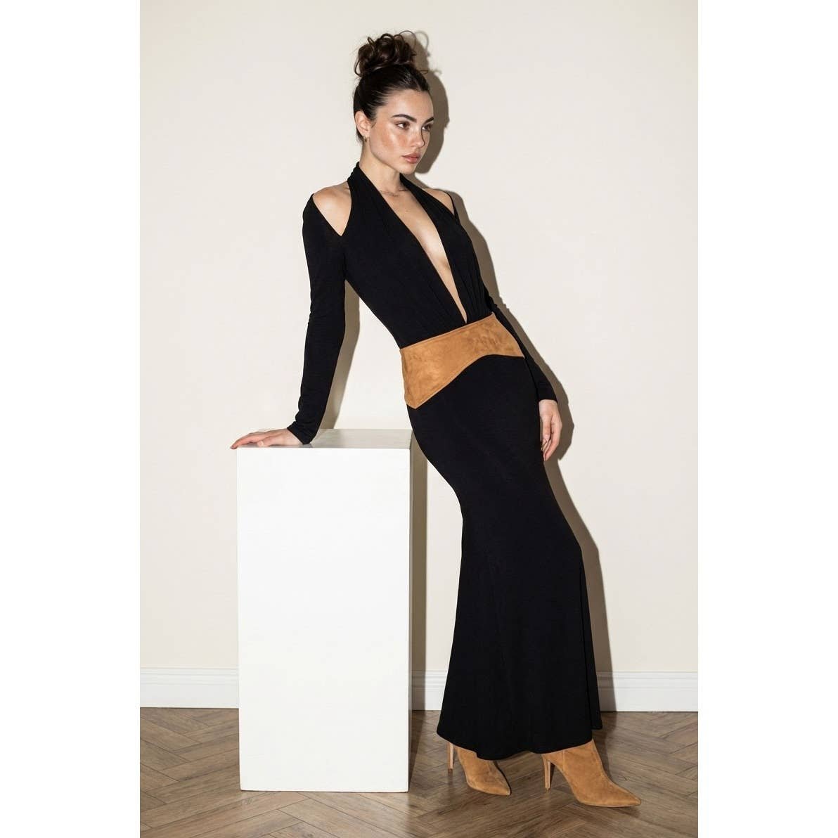 Suede Contrast Cutout Maxi Dress