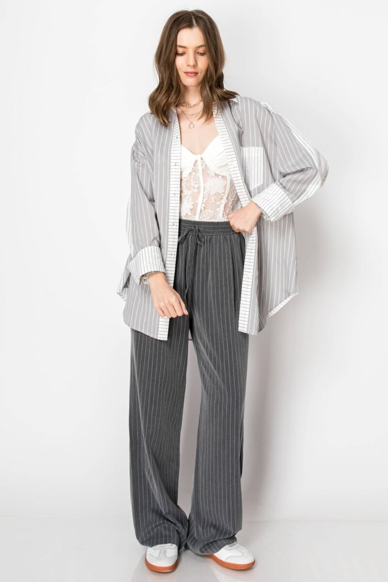 Pinstripe Drawstring Wide Leg Trouser PANTS