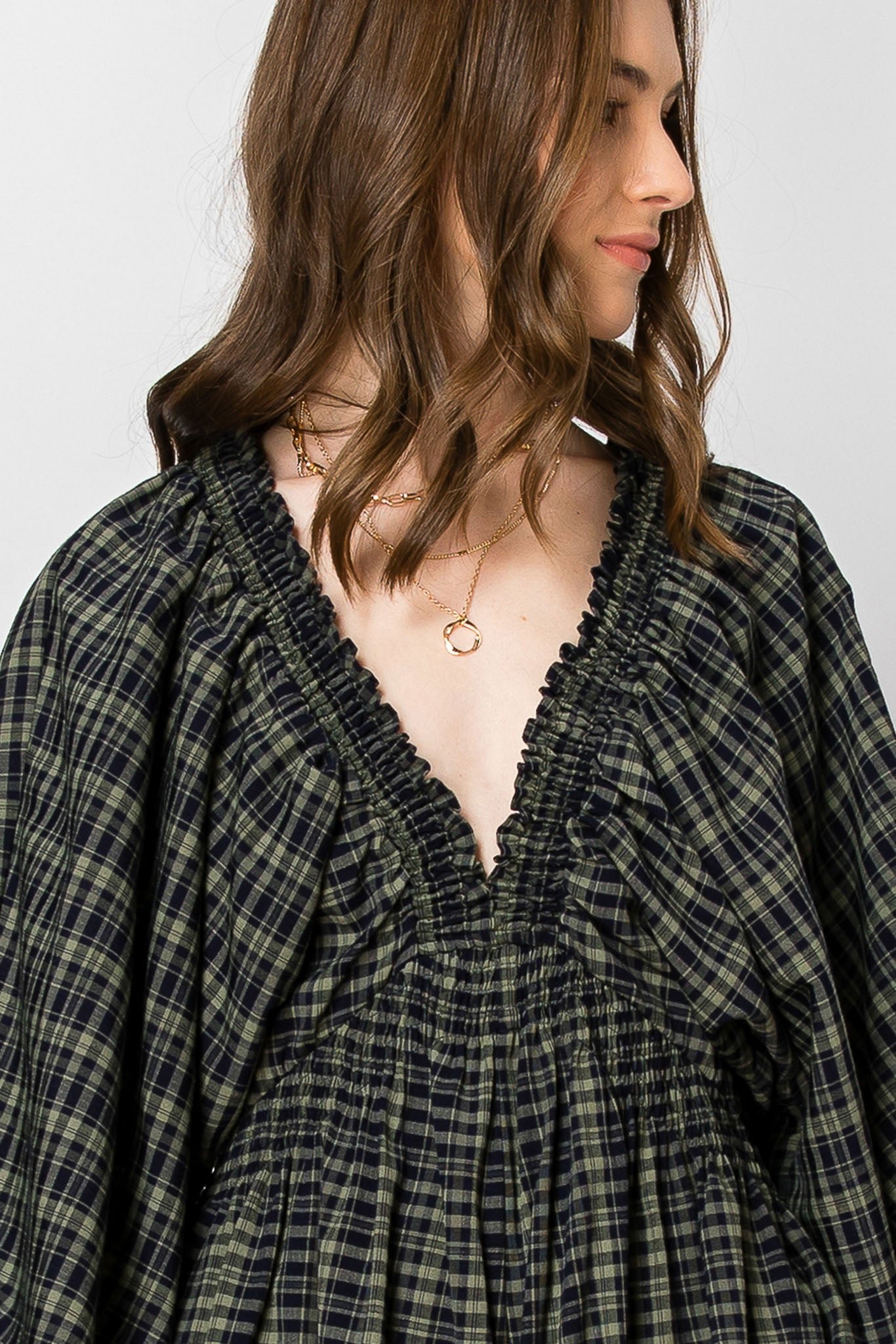 Dolman Sleeve Plaid Smocked V-neck ROMPER