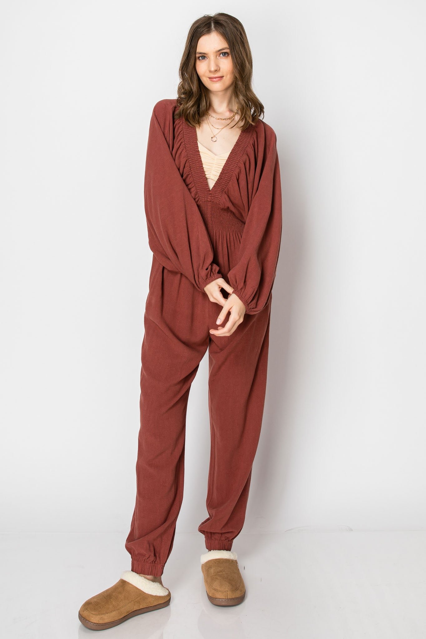 Dolman Sleeve Deep V-neck JUMPSUIT with Pockets