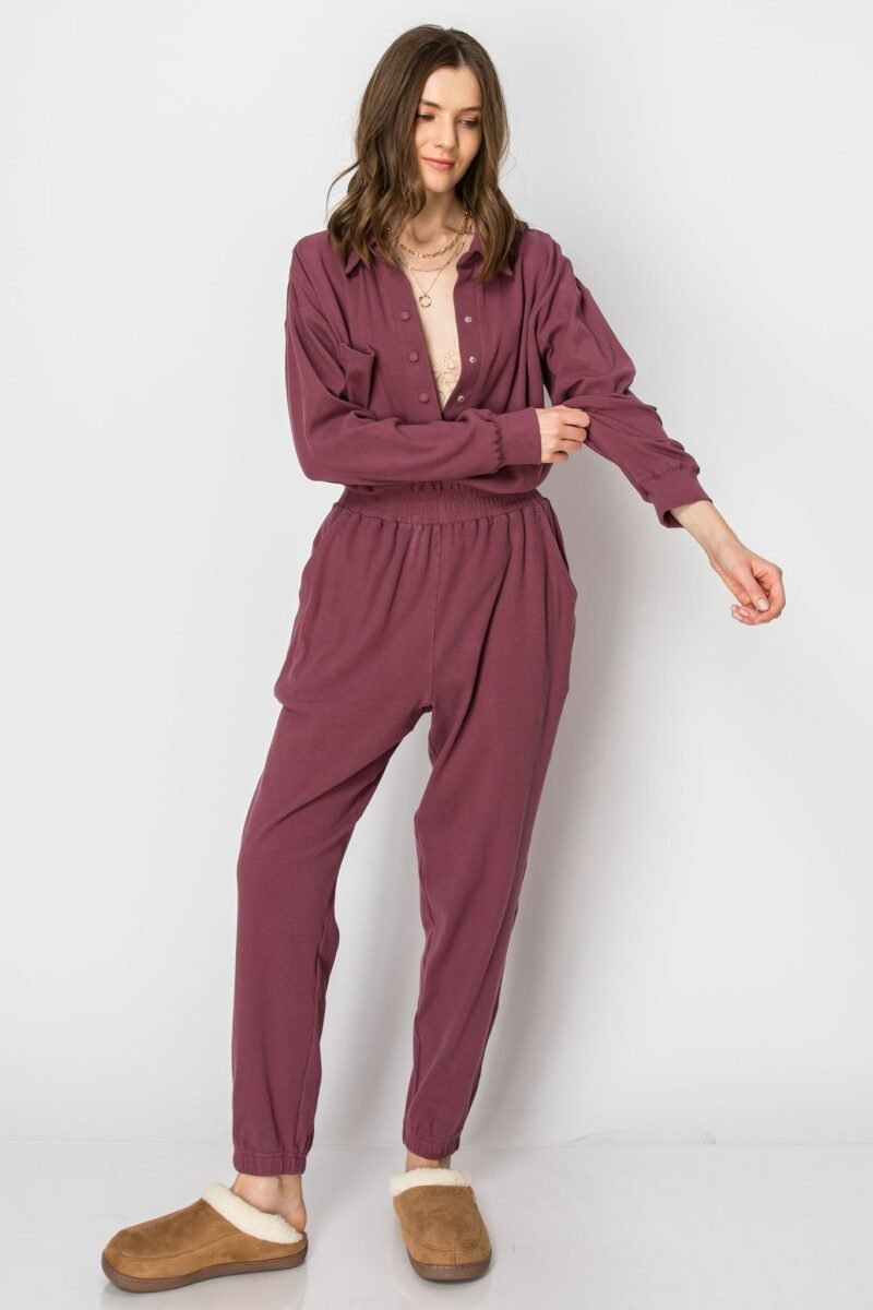 Long Sleeve Cotton Ribbed Collared JUMPSUIT