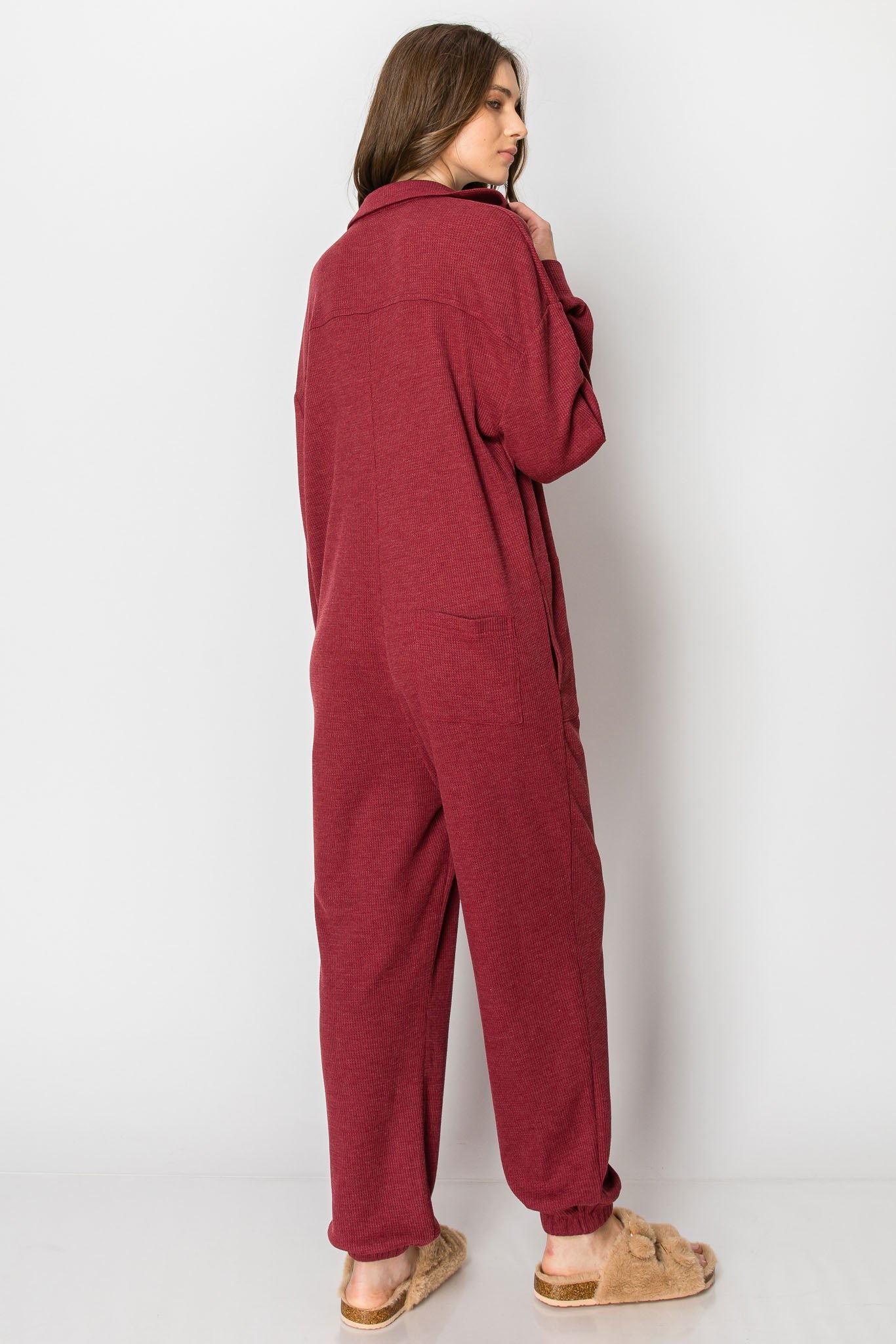 Long Sleeve Waffle Knit Button Down JUMPSUIT