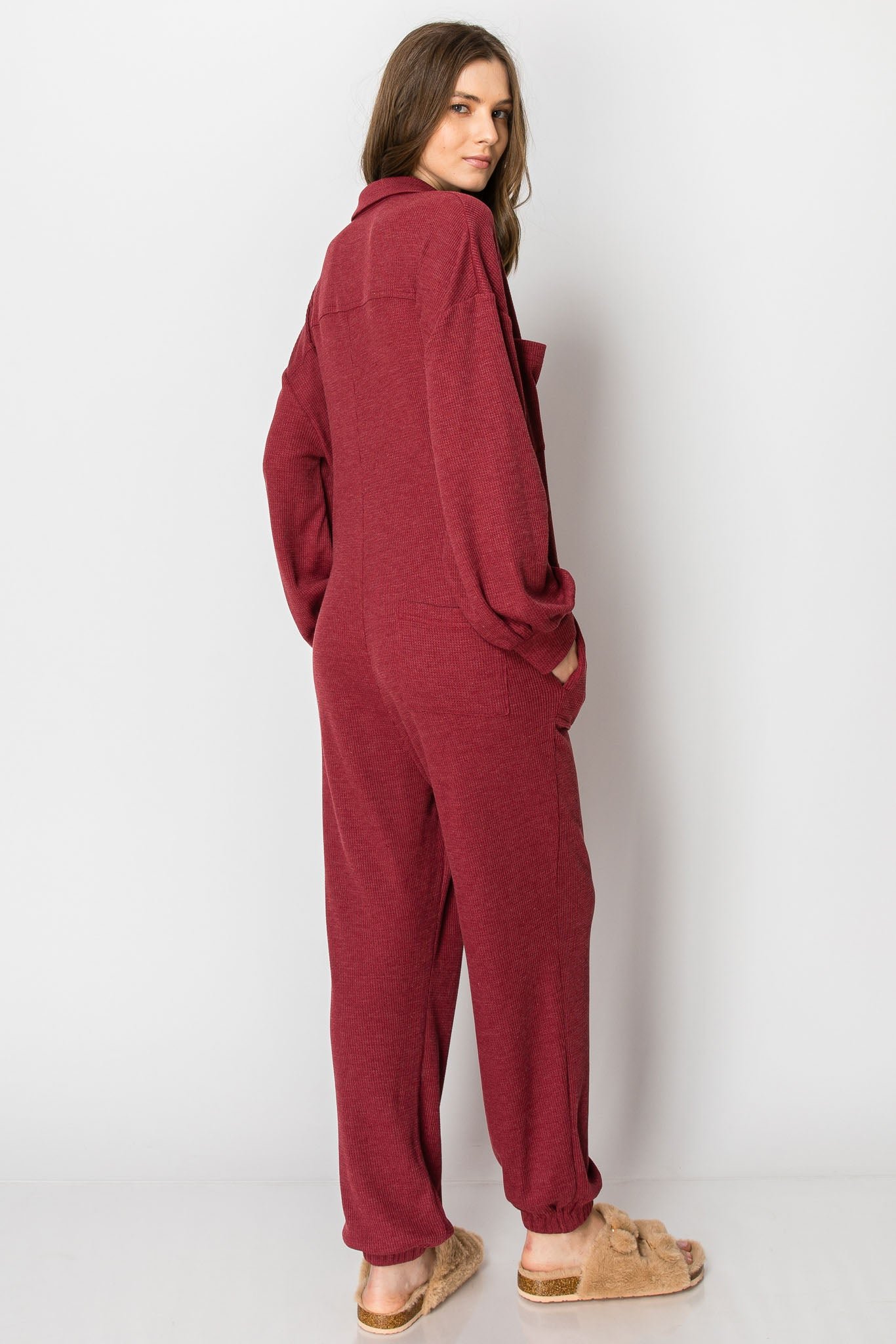 Long Sleeve Waffle Knit Button Down JUMPSUIT