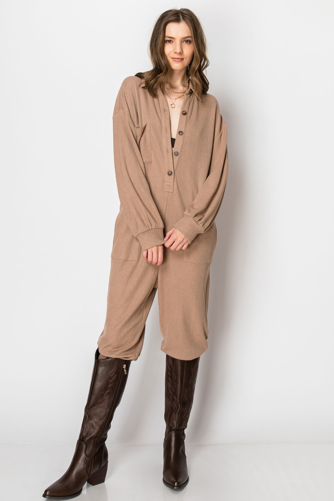 Long Sleeve Waffle Knit Button Down JUMPSUIT