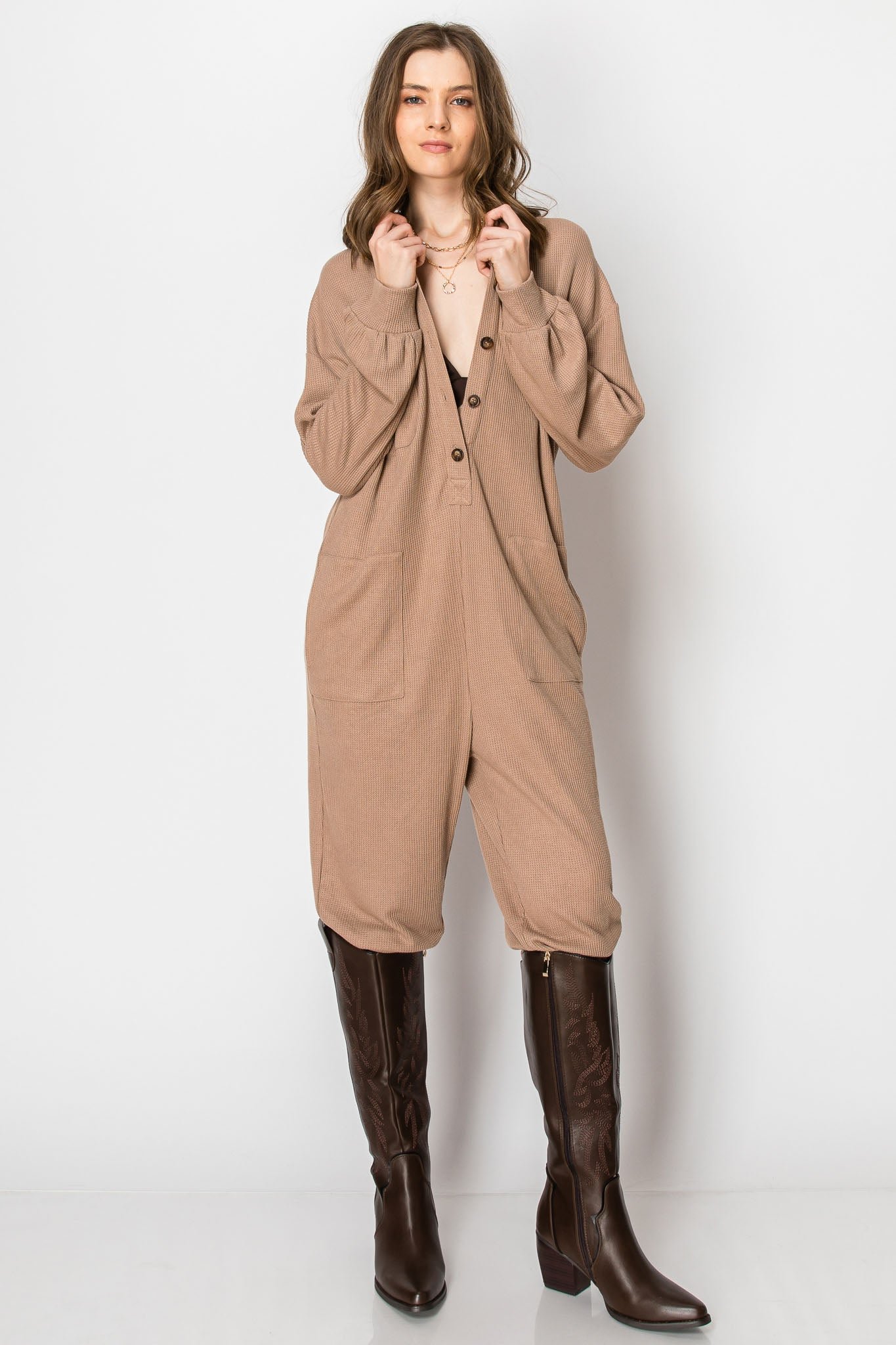 Long Sleeve Waffle Knit Button Down JUMPSUIT