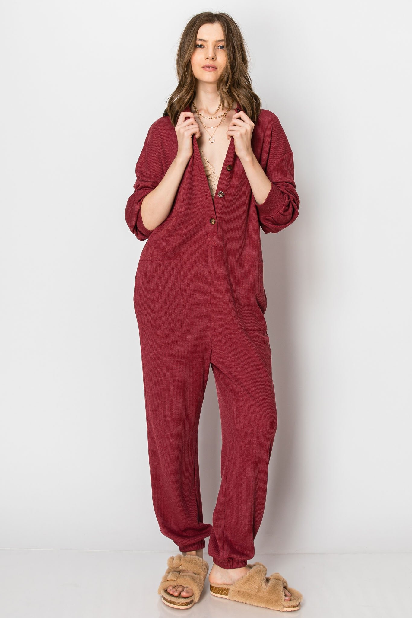 Long Sleeve Waffle Knit Button Down JUMPSUIT
