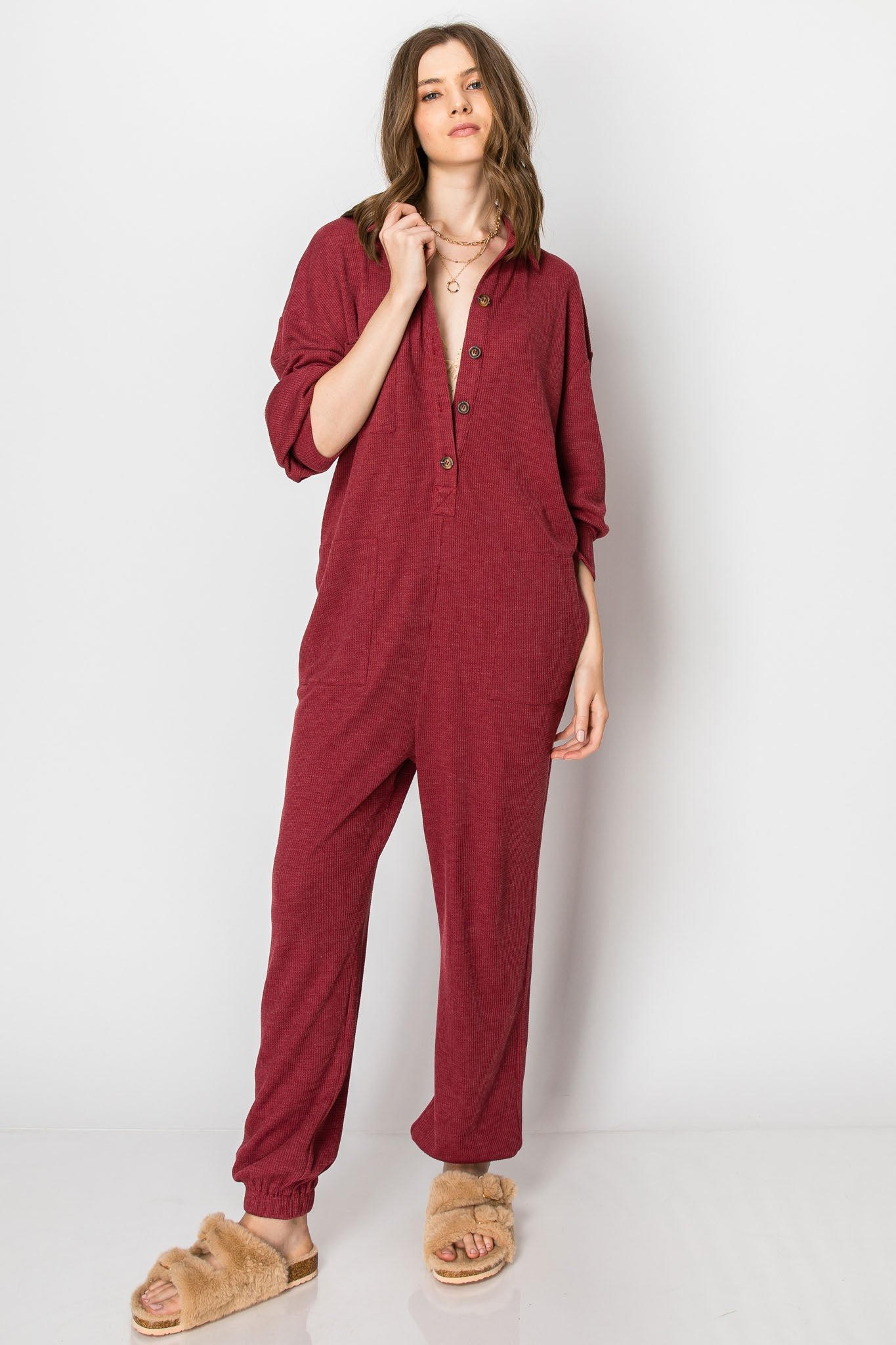 Long Sleeve Waffle Knit Button Down JUMPSUIT