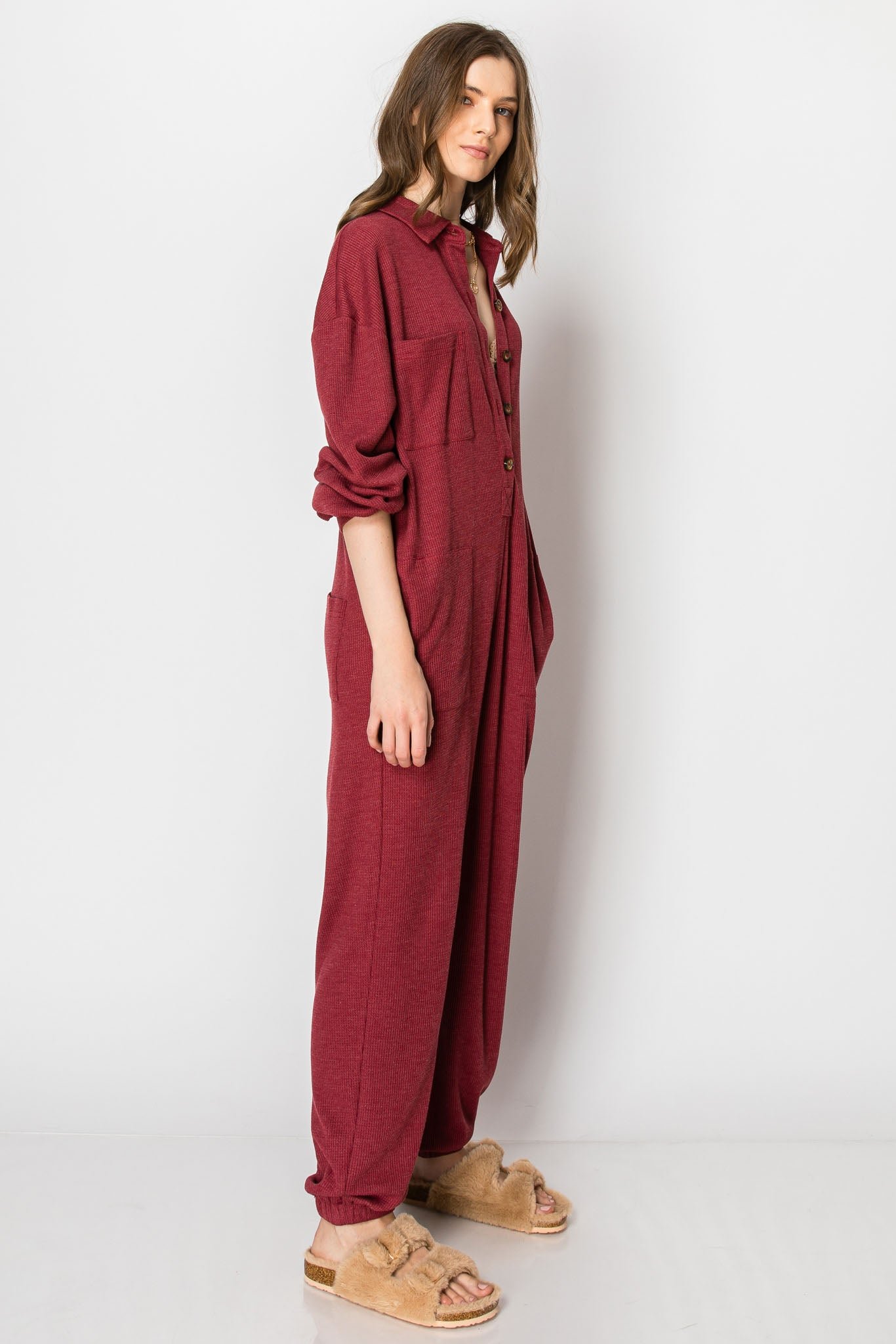 Long Sleeve Waffle Knit Button Down JUMPSUIT