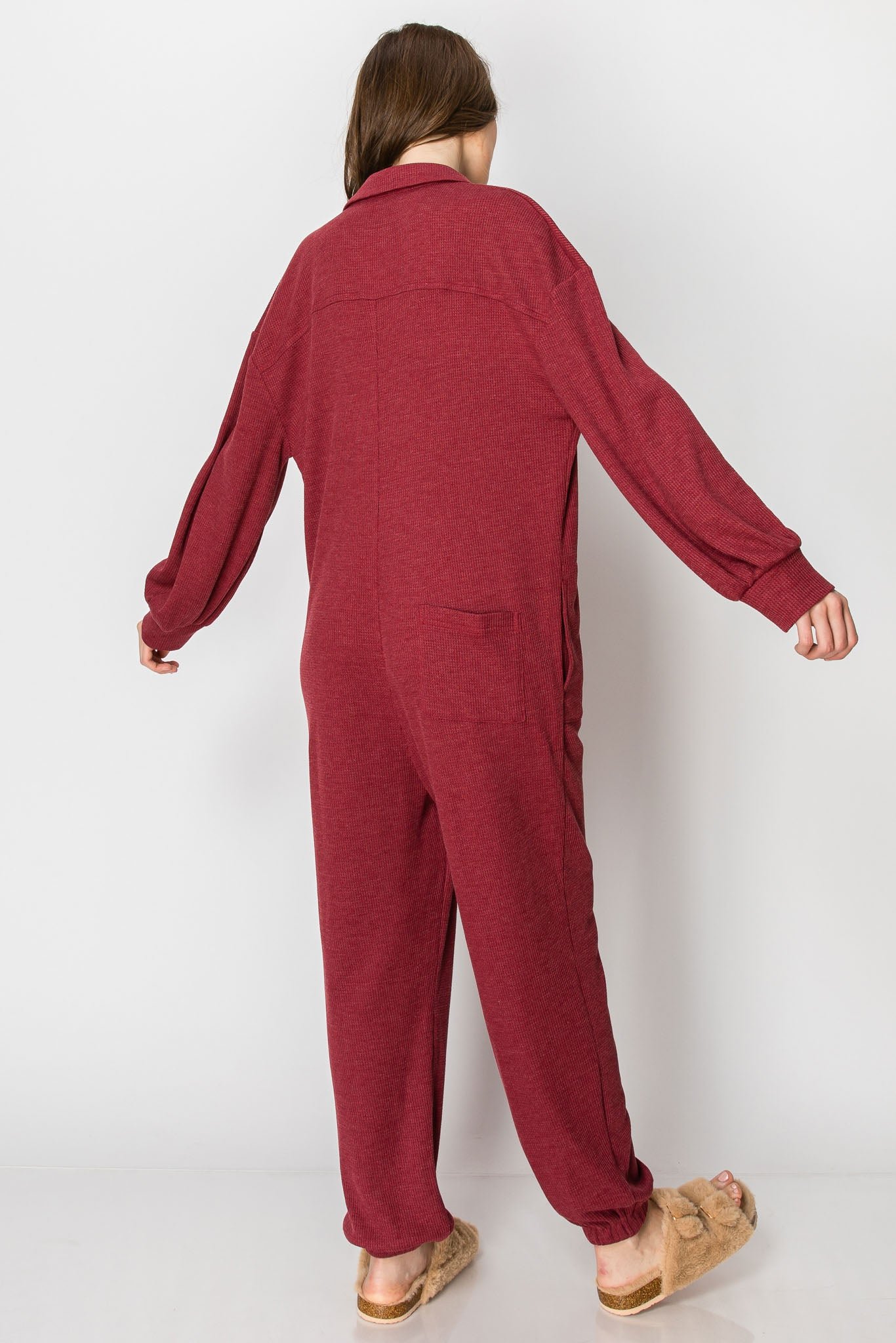 Long Sleeve Waffle Knit Button Down JUMPSUIT