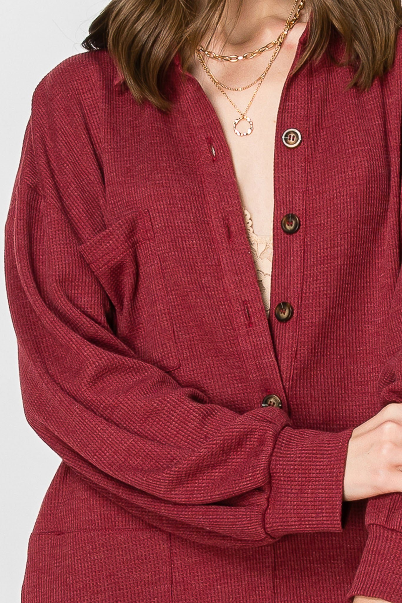 Long Sleeve Waffle Knit Button Down JUMPSUIT