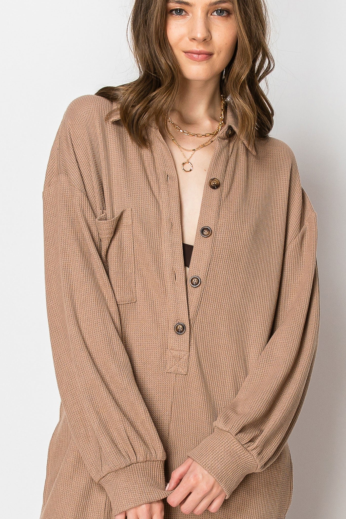 Long Sleeve Waffle Knit Button Down JUMPSUIT