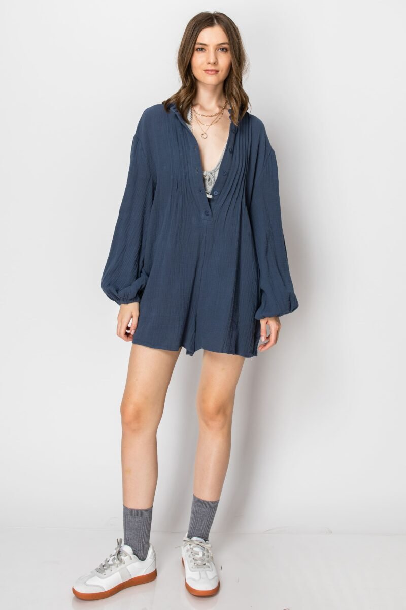 Long Sleeve Button Down  ROMPER with Pockets