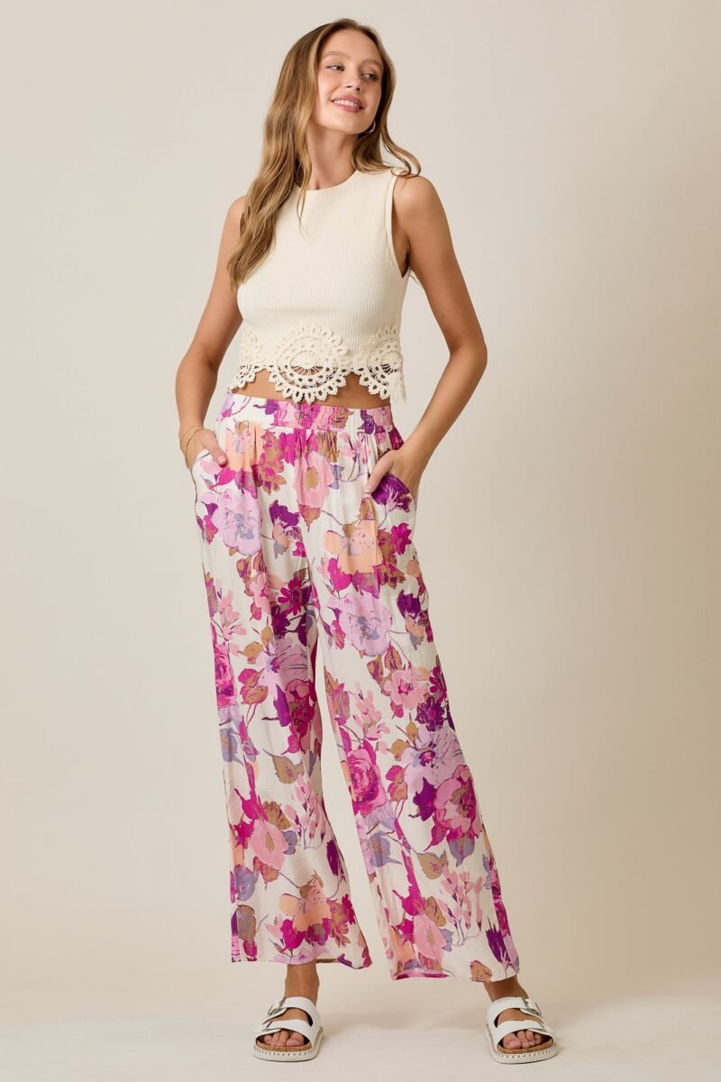 Floral Wide-Leg Pants with Elastic Waistband & Pockets