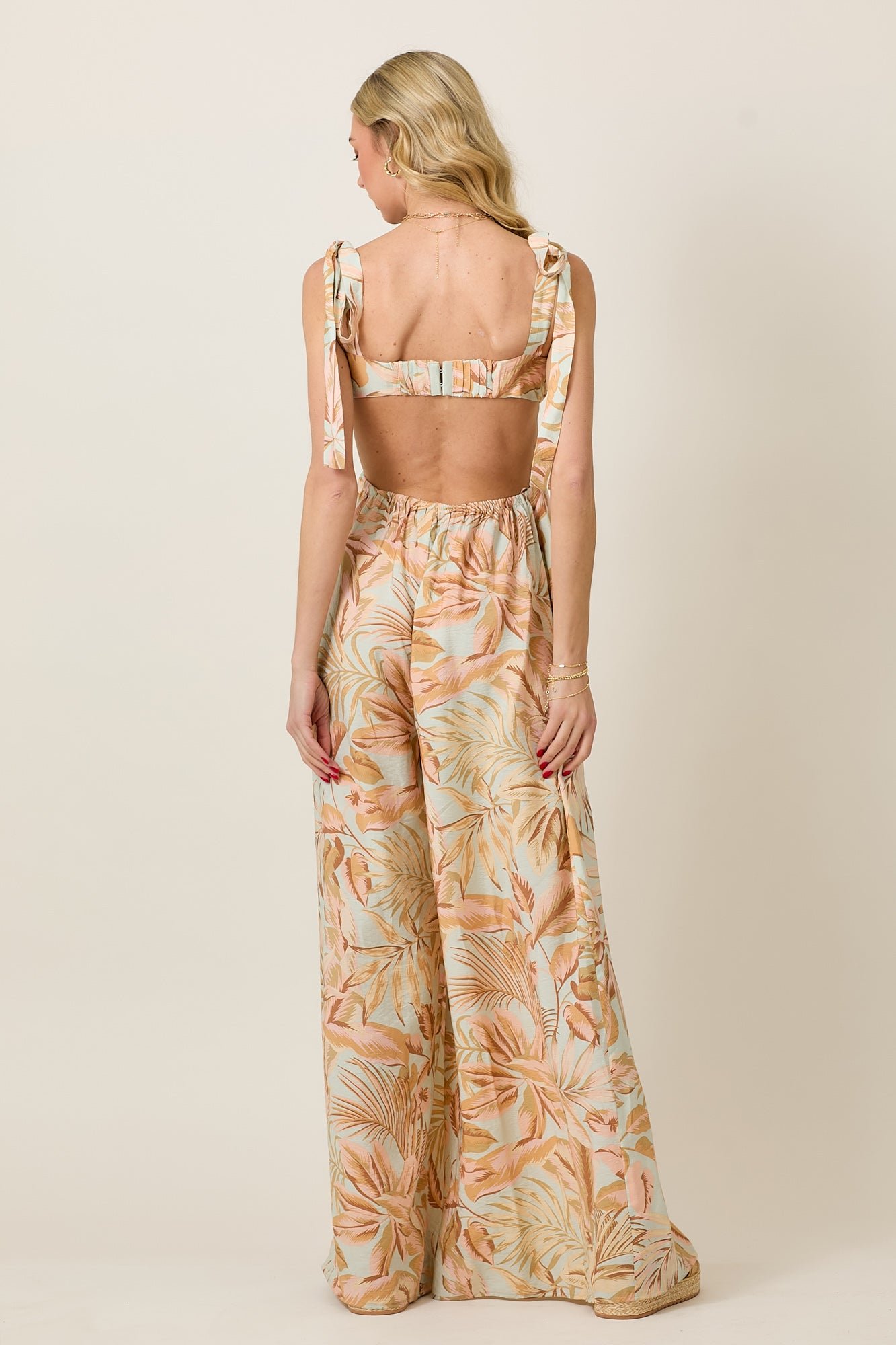 Beachy Island Theme Print Bow Tie Summer Jumpsuit