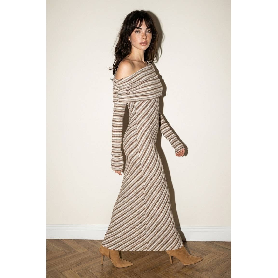 Diagonal Stripe Foldover Knit Maxi Dress