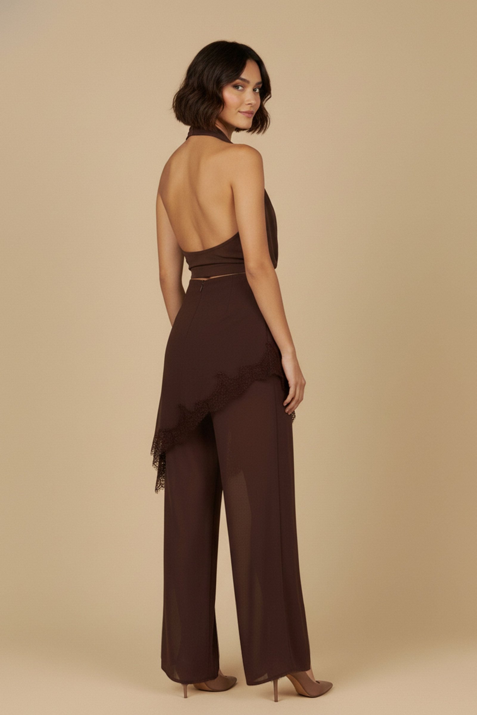 Halter Drape Top and Lace Trim Pants Set