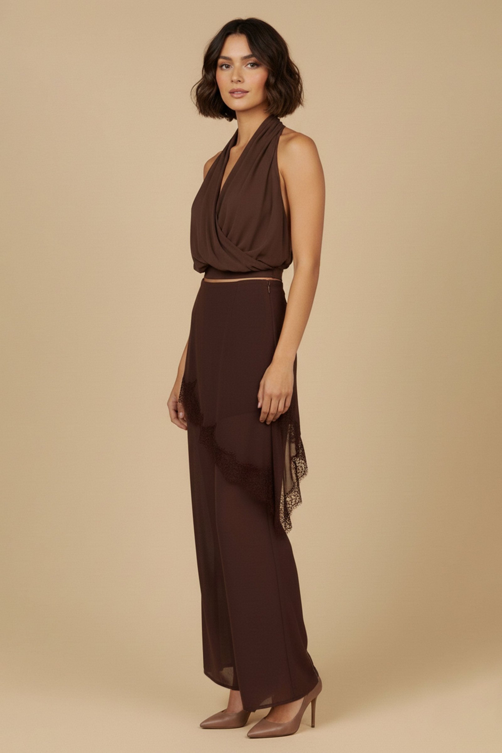 Halter Drape Top and Lace Trim Pants Set