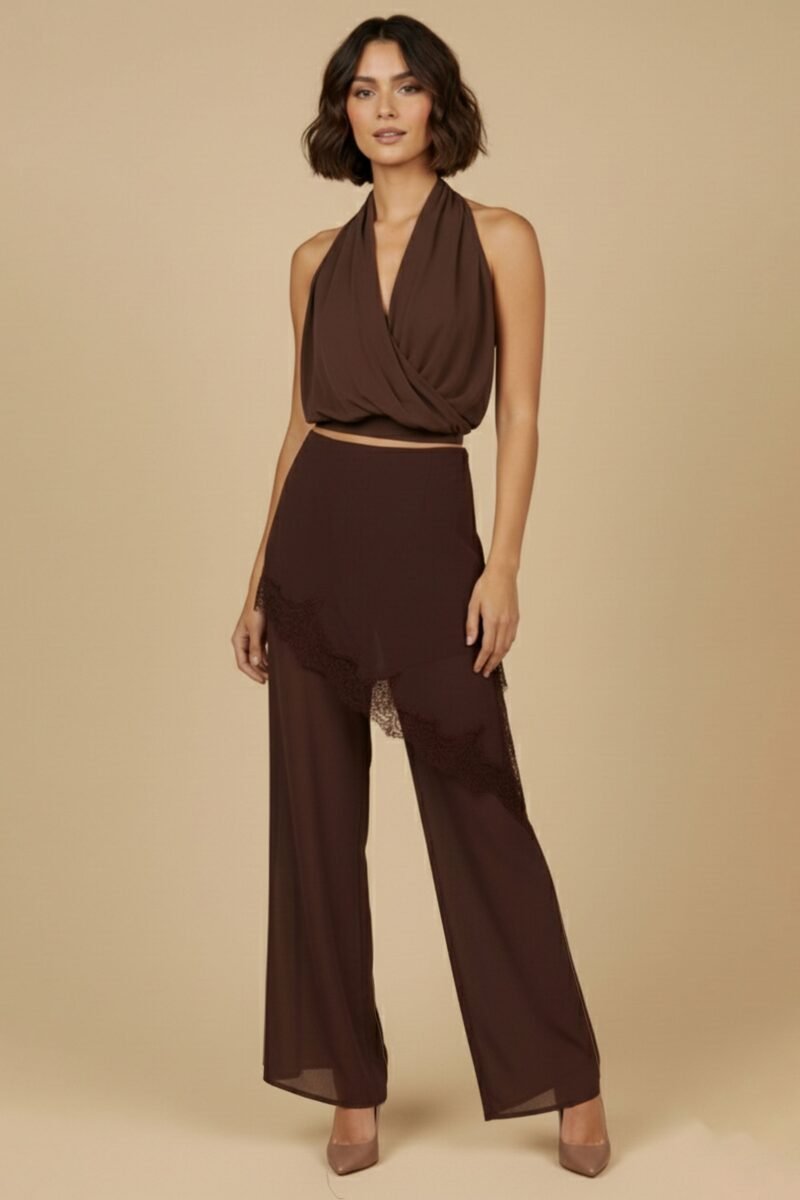Halter Drape Top and Lace Trim Pants Set