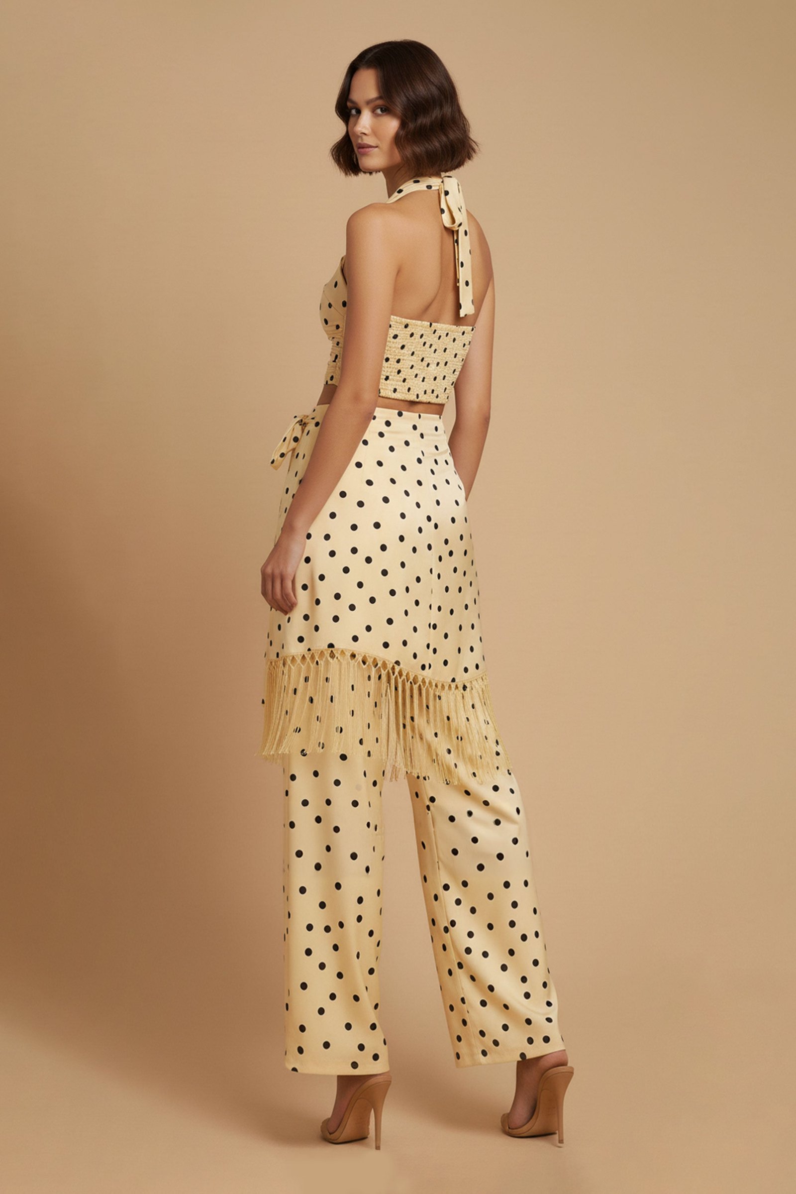 Polka Dot Halter Top and Fringe Pants Set
