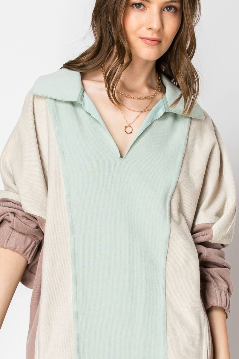 COLOR BLOCK Long Sleeve Collar DRESS With Pockets