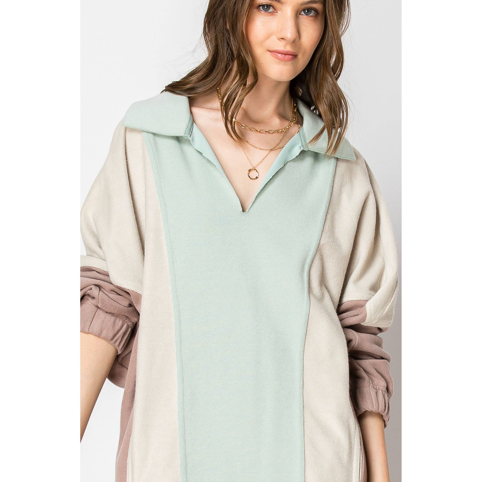 COLOR BLOCK Long Sleeve Collar DRESS With Pockets