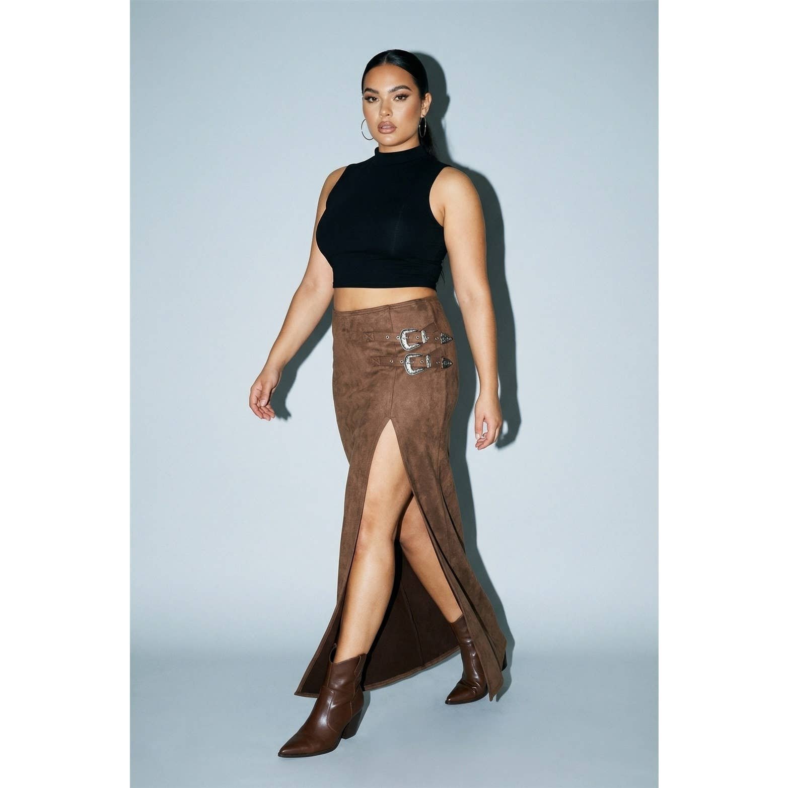 PLUS Western Faux Suede Maxi Skirt with High Slit