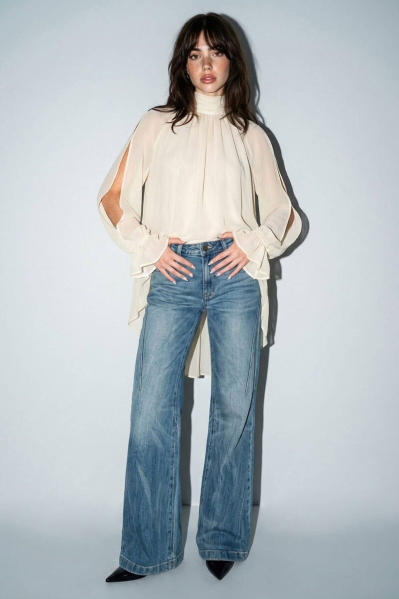 Chiffon Cold-Shoulder High-Low Top