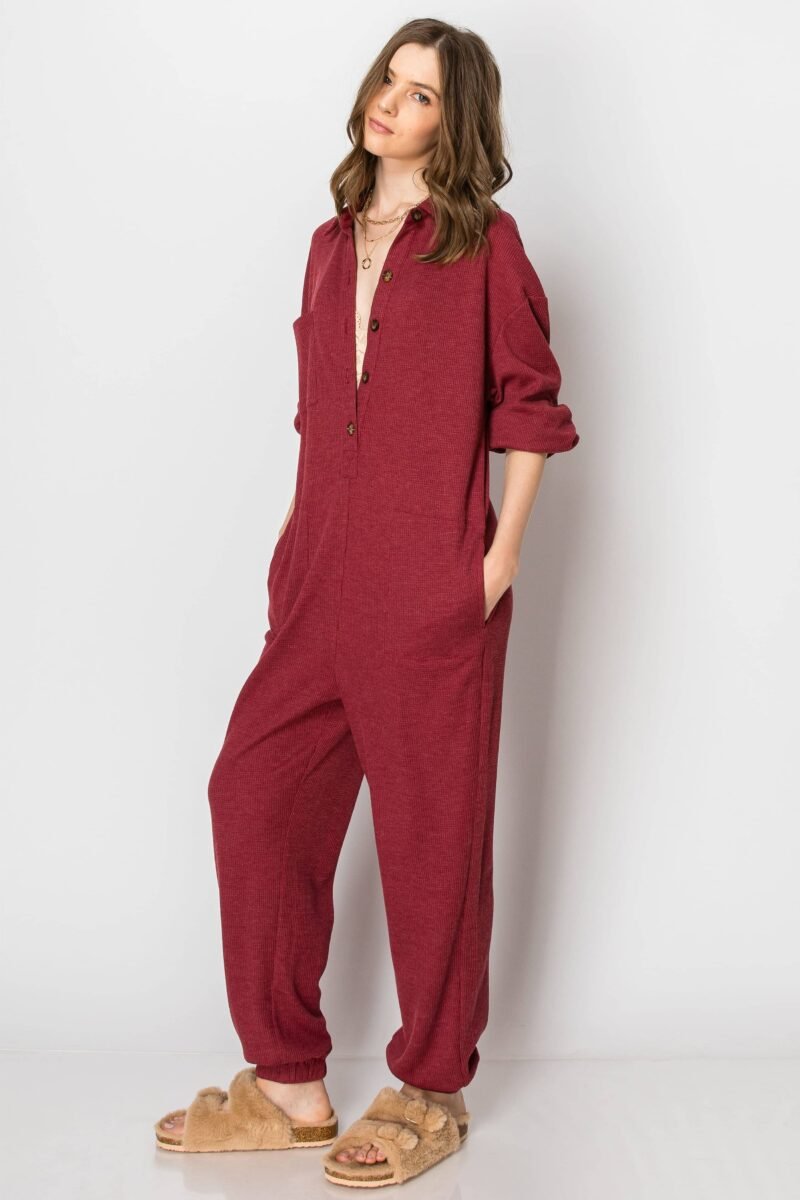 Long Sleeve Waffle Knit Button Down  JUMPSUIT