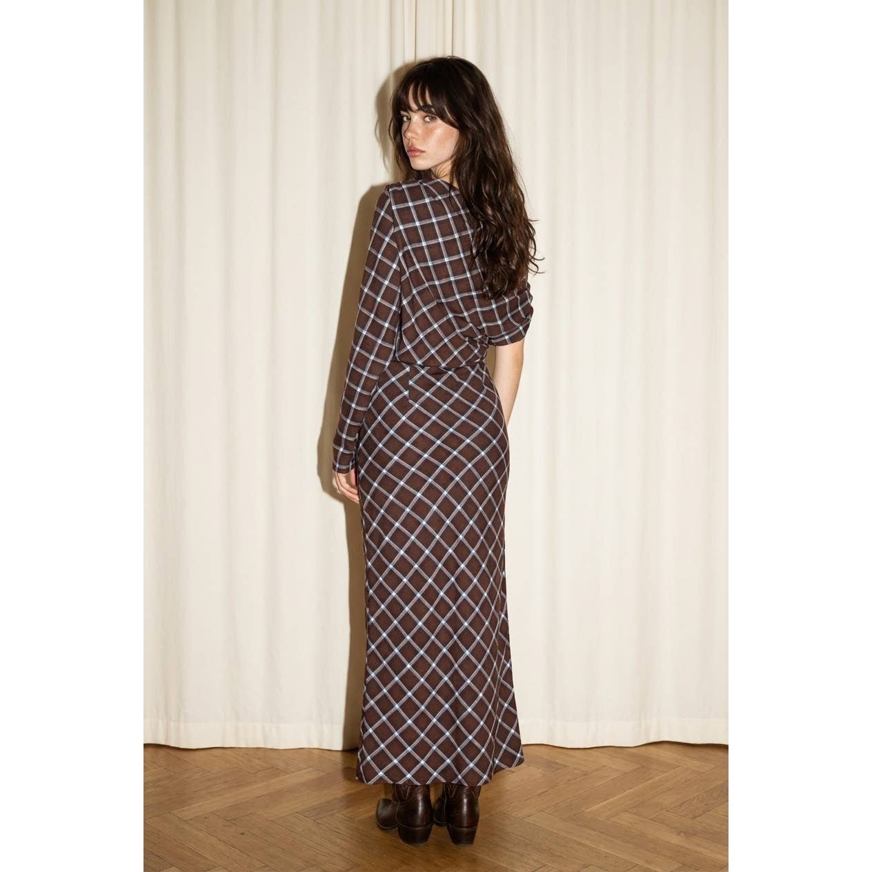 Plaid One-Shoulder Ruched Slit Maxi Dress