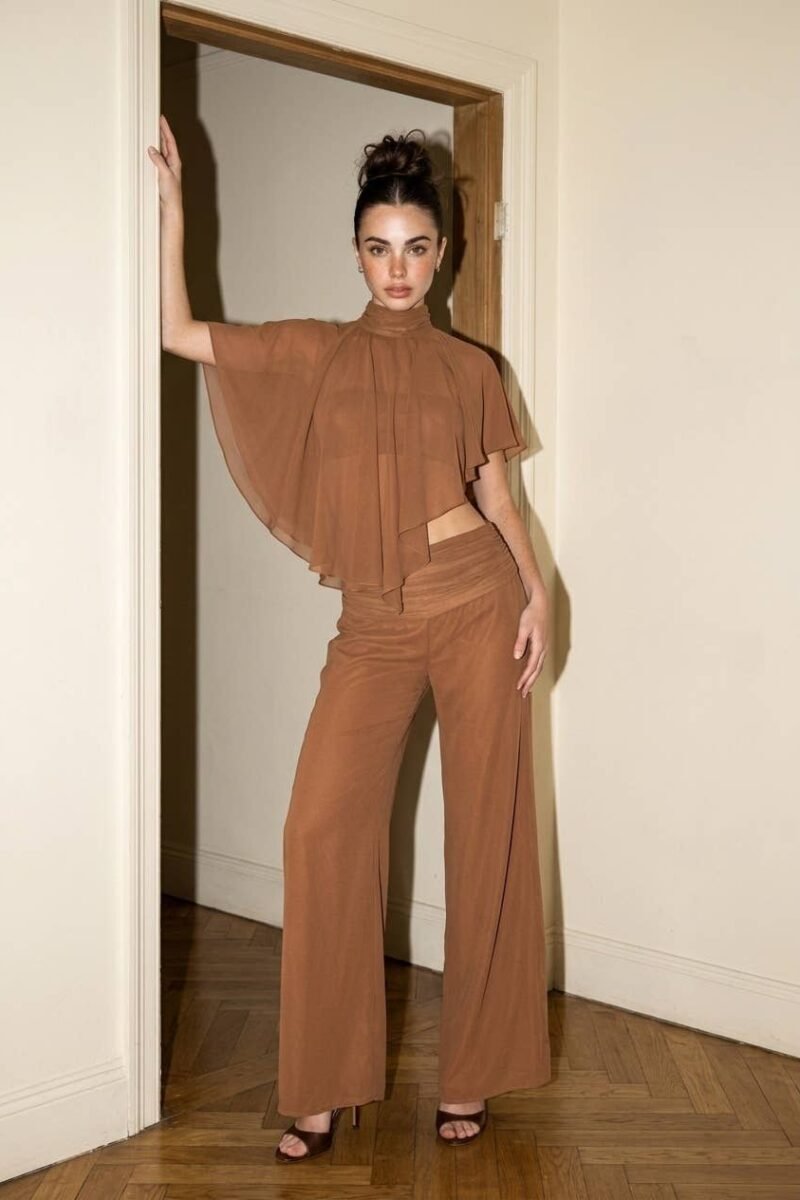 Chiffon Mock Neck Cape Co-ord Set